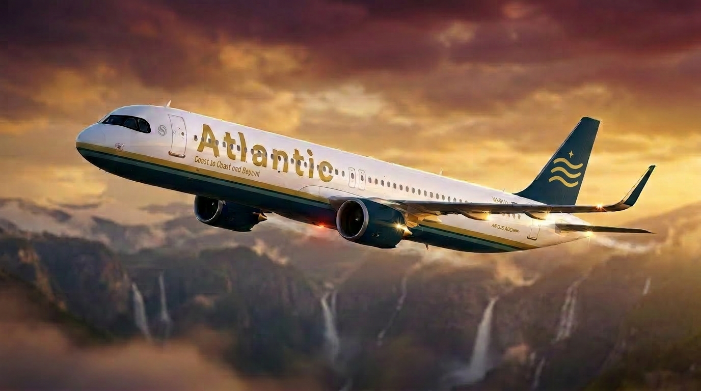 Atlantic Airways aircraft at sunset